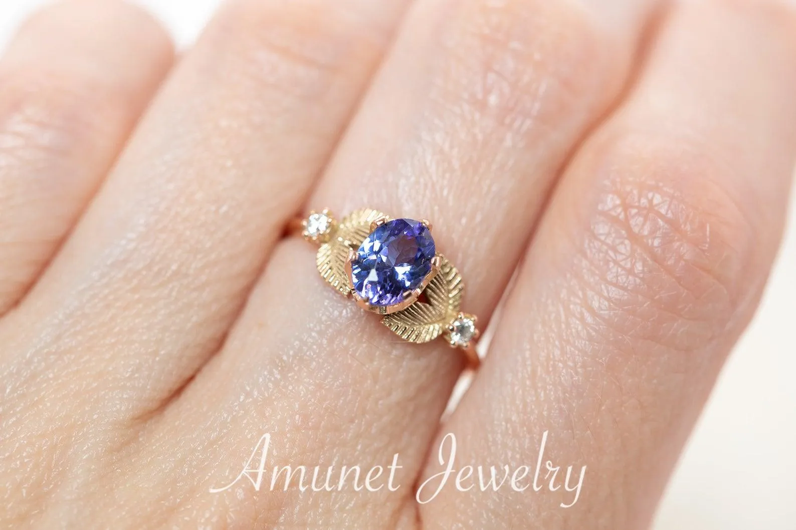 Engagement ring with tanzanite, leaf ring nature inspired design,  engagement ring