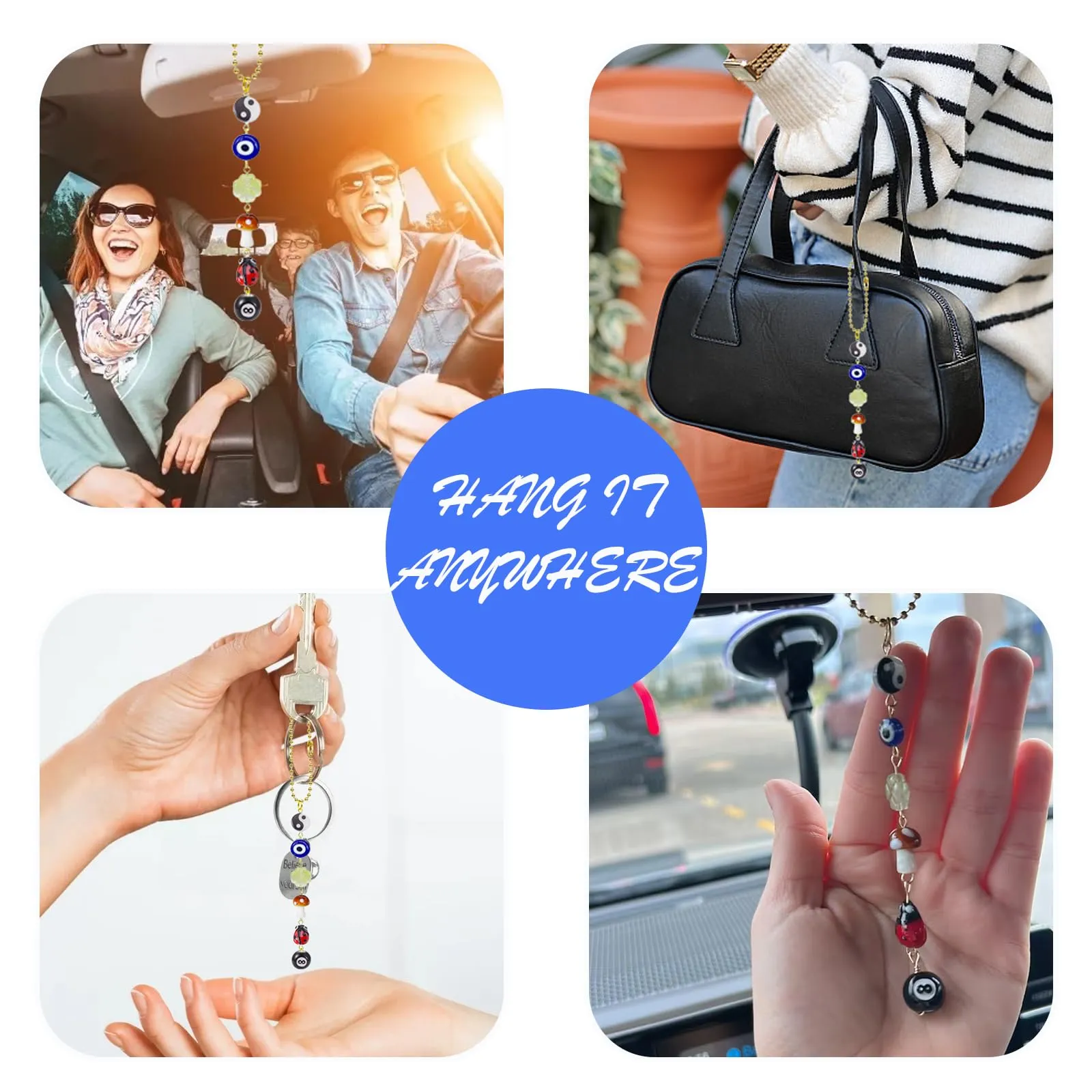 Evil Eye Car Hanging Ornament,Good Lucky Days Car Charm,8 Ball Mushroom Four-Leaf Clover Pendant for Car Rear View Mirror,Cute Boho Evil Eye Ladybug Yin Yang Symbol Car Decor Accessories