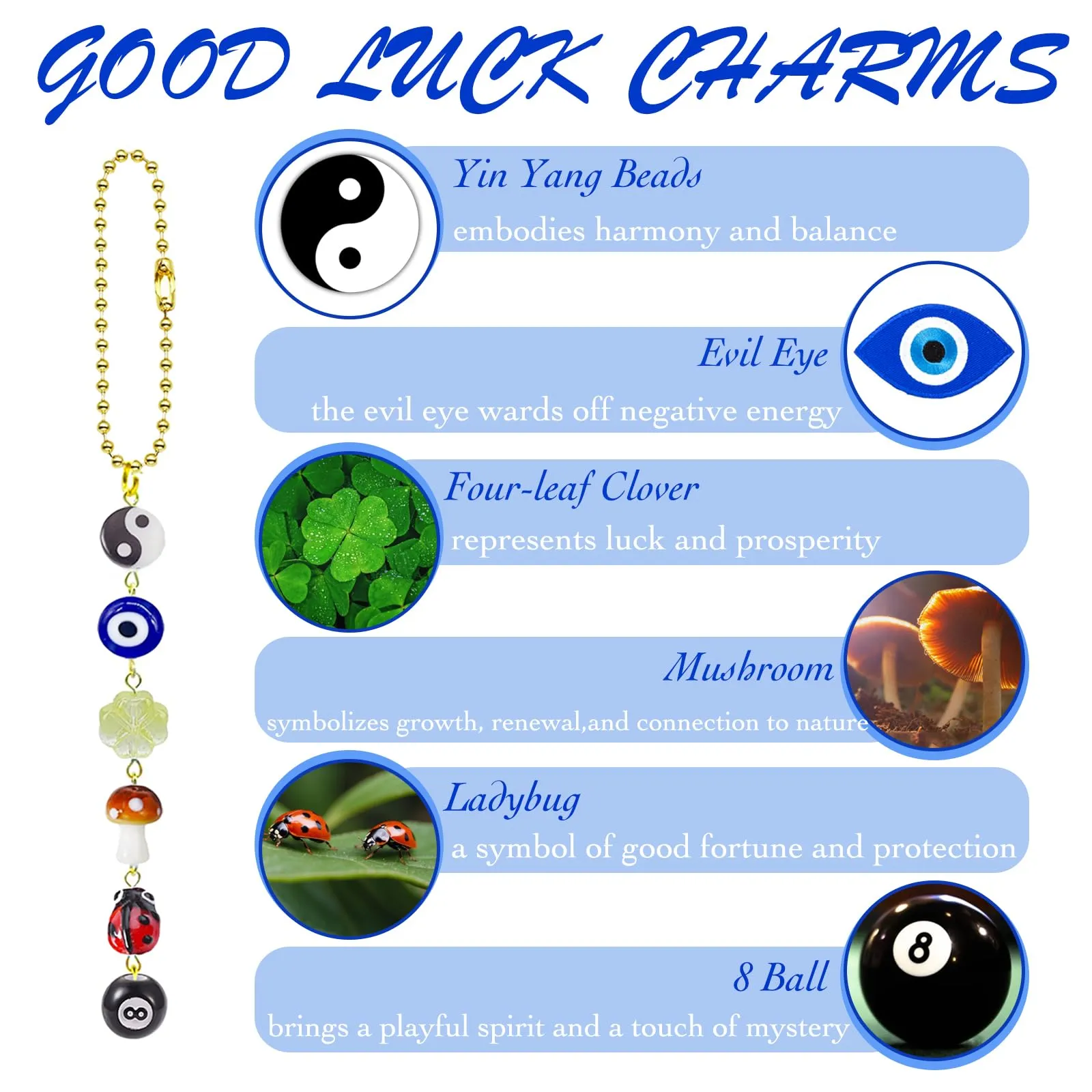 Evil Eye Car Hanging Ornament,Good Lucky Days Car Charm,8 Ball Mushroom Four-Leaf Clover Pendant for Car Rear View Mirror,Cute Boho Evil Eye Ladybug Yin Yang Symbol Car Decor Accessories