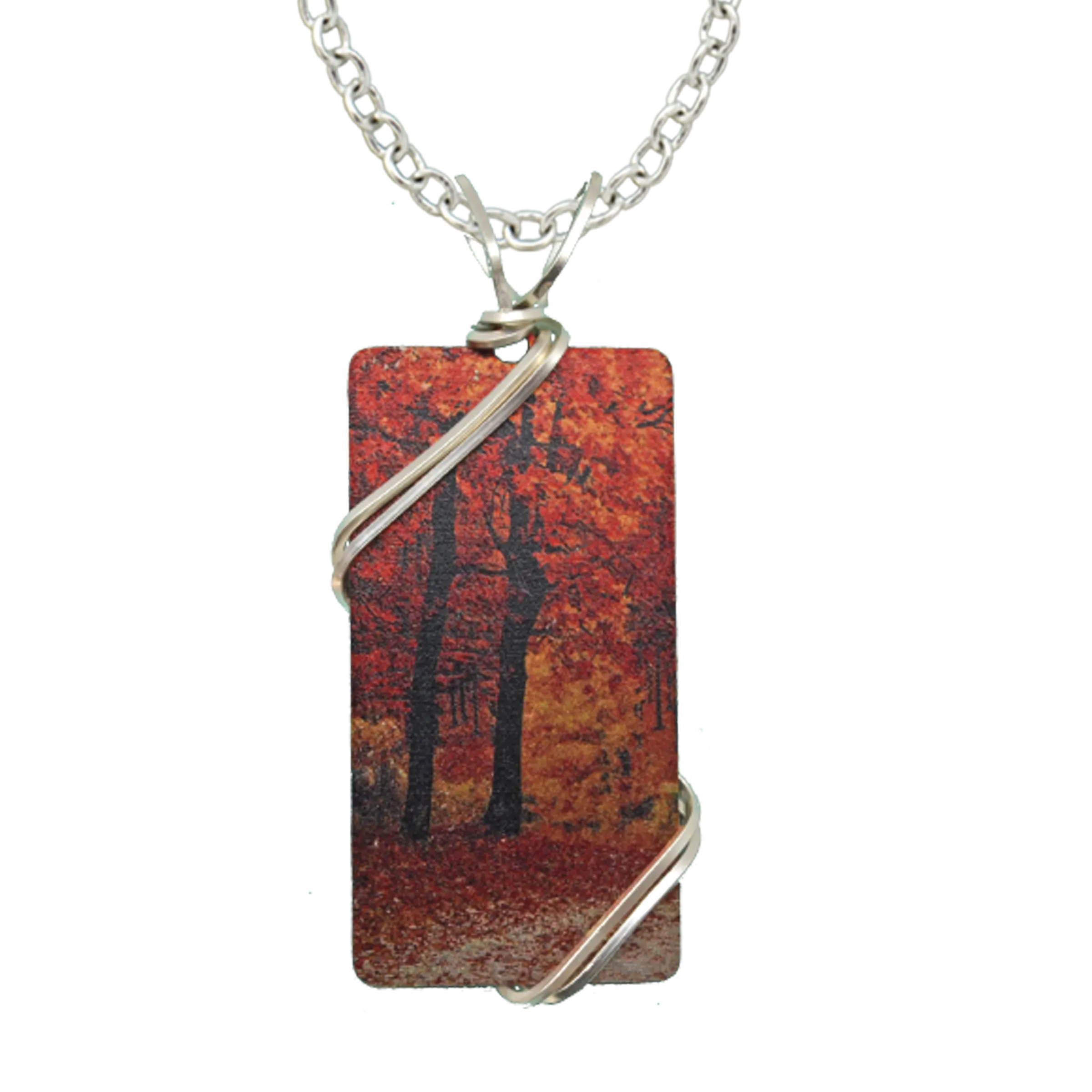Fall Leaves Necklace, 1.5" pendant with silver-plated wiring