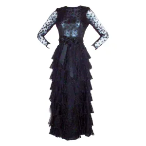 GIVENCHY Couture Black Lace Tiered Gown with Bow at Waist