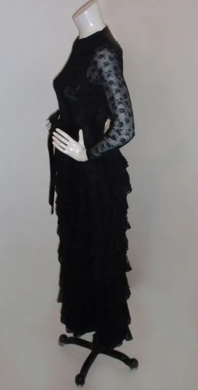 GIVENCHY Couture Black Lace Tiered Gown with Bow at Waist