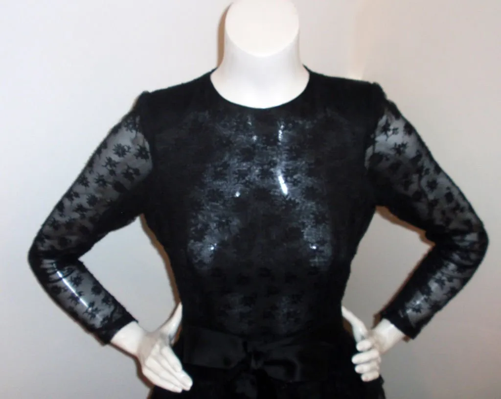 GIVENCHY Couture Black Lace Tiered Gown with Bow at Waist
