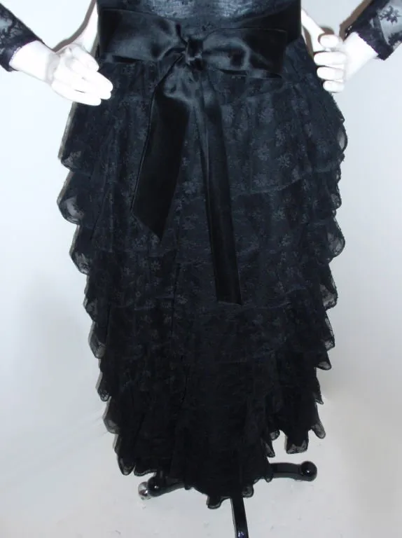 GIVENCHY Couture Black Lace Tiered Gown with Bow at Waist