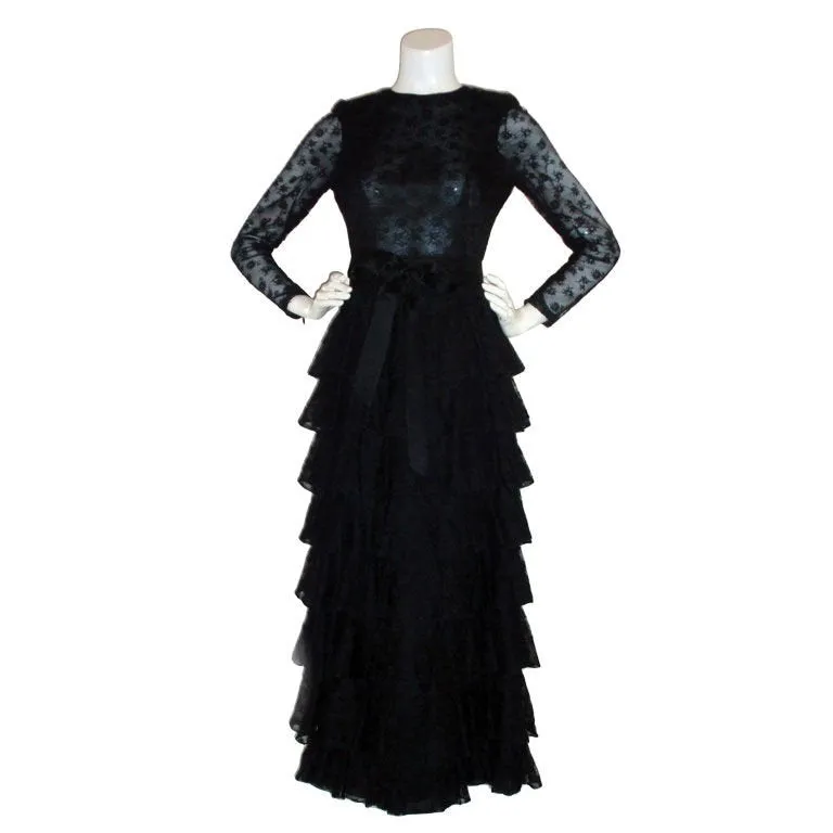 GIVENCHY Couture Black Lace Tiered Gown with Bow at Waist