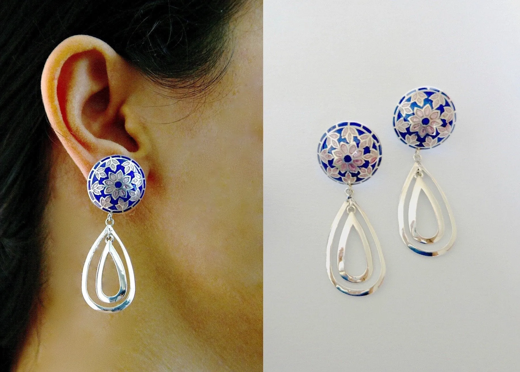 Gorgeous, dangle-drop earrings in blue and pink Nathdwara enamel