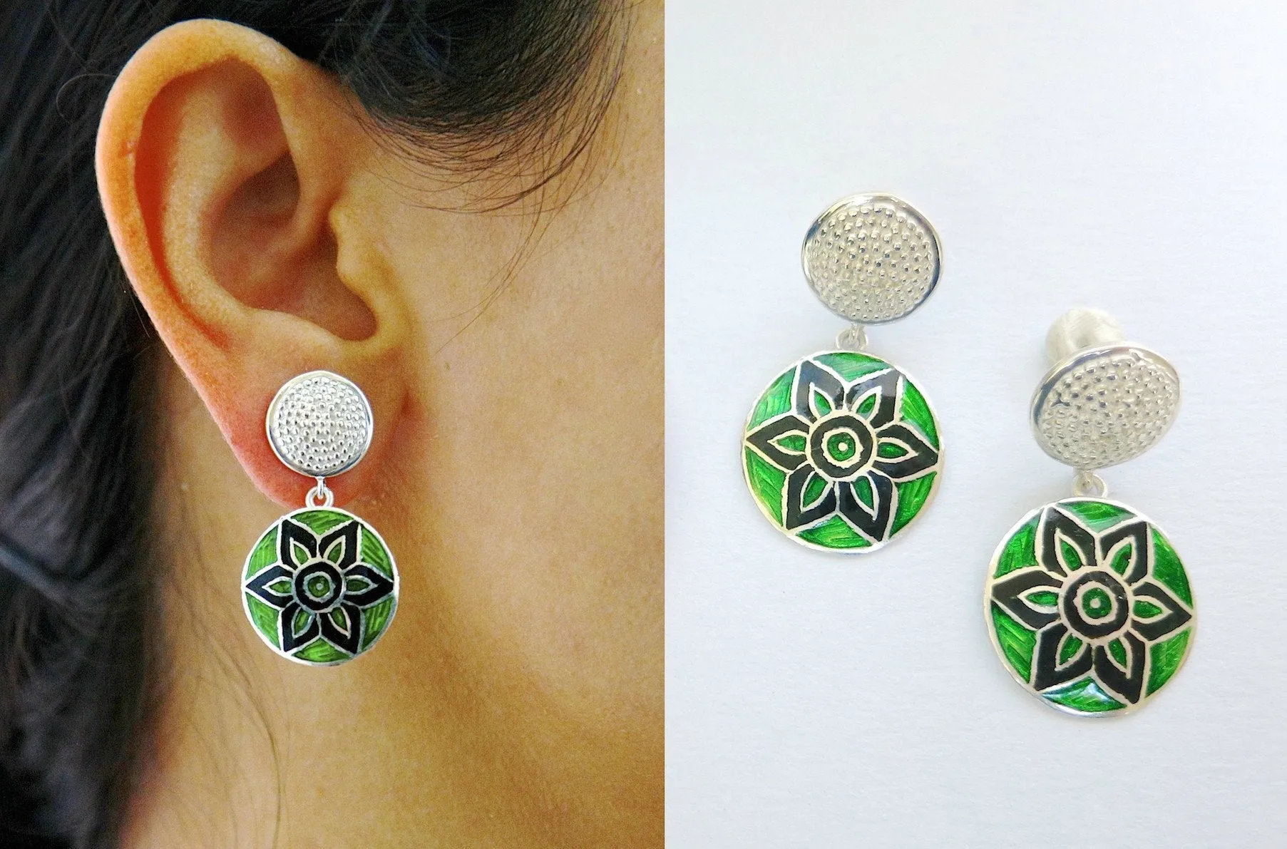Graceful, round dangle earrings in green and black Nathdwara enamel