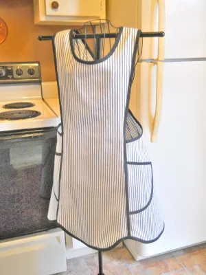 Grandma Crossover No Tie Apron in Black and White Mattress Ticking size Medium