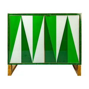Green and White Geometric Glass and Brass Italian Cabinet