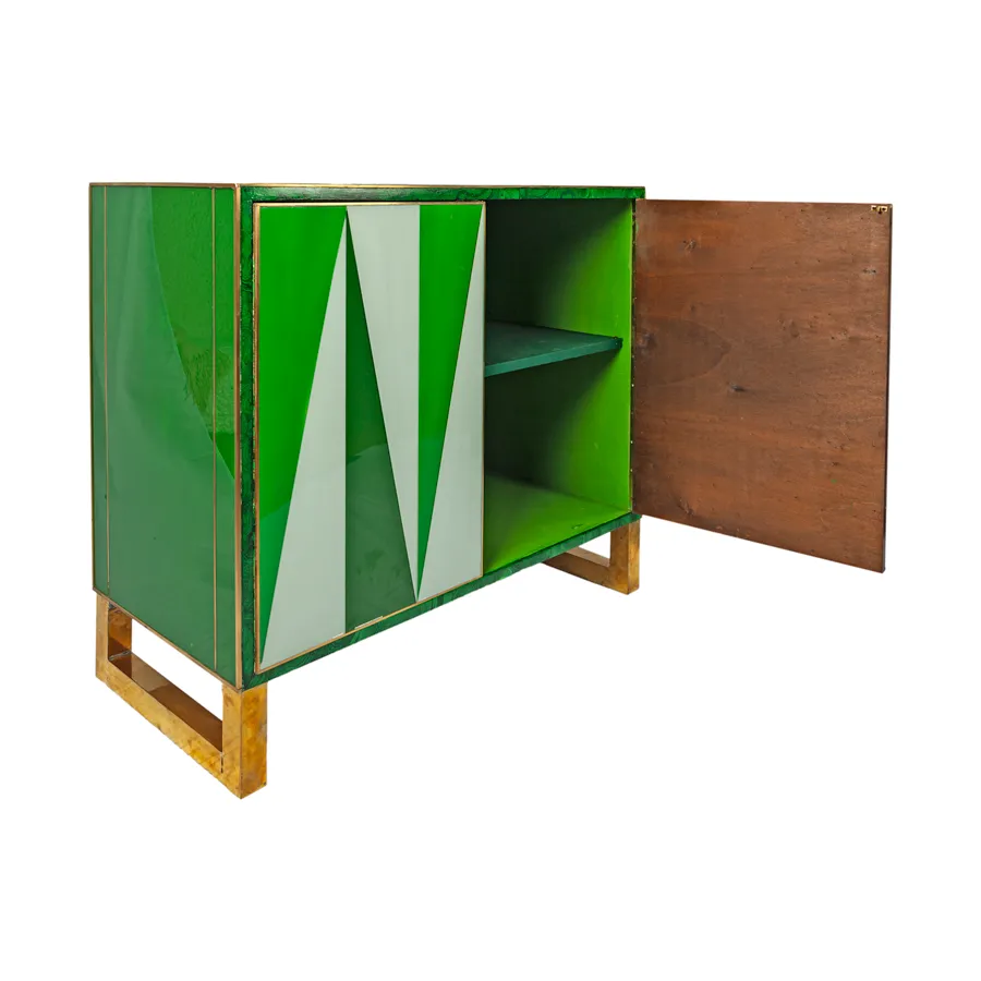 Green and White Geometric Glass and Brass Italian Cabinet