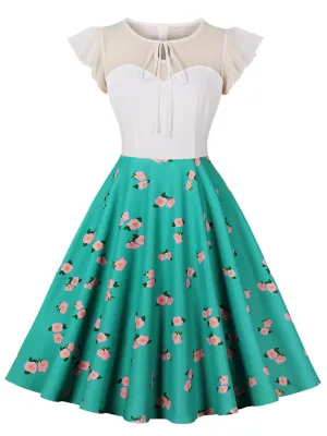 Green Butterfly Sleeve Floral Print 1950S Vintage Dress
