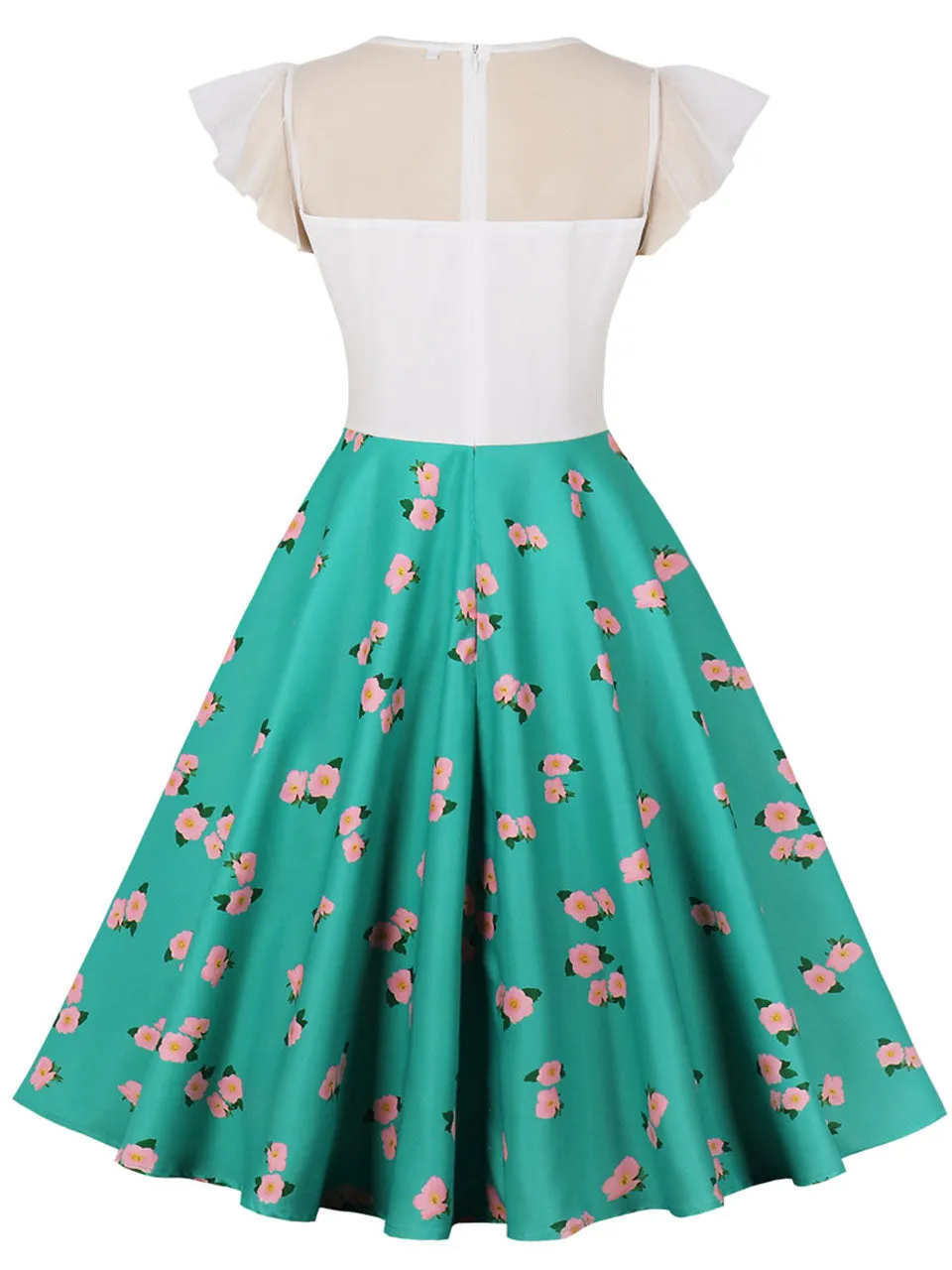 Green Butterfly Sleeve Floral Print 1950S Vintage Dress