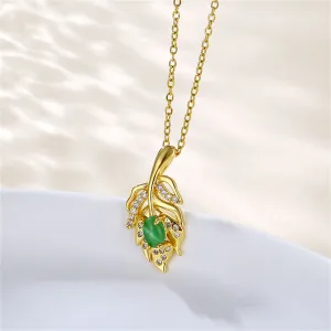 Green Jade & Cubic Zirconia Leaf Pendant Necklace