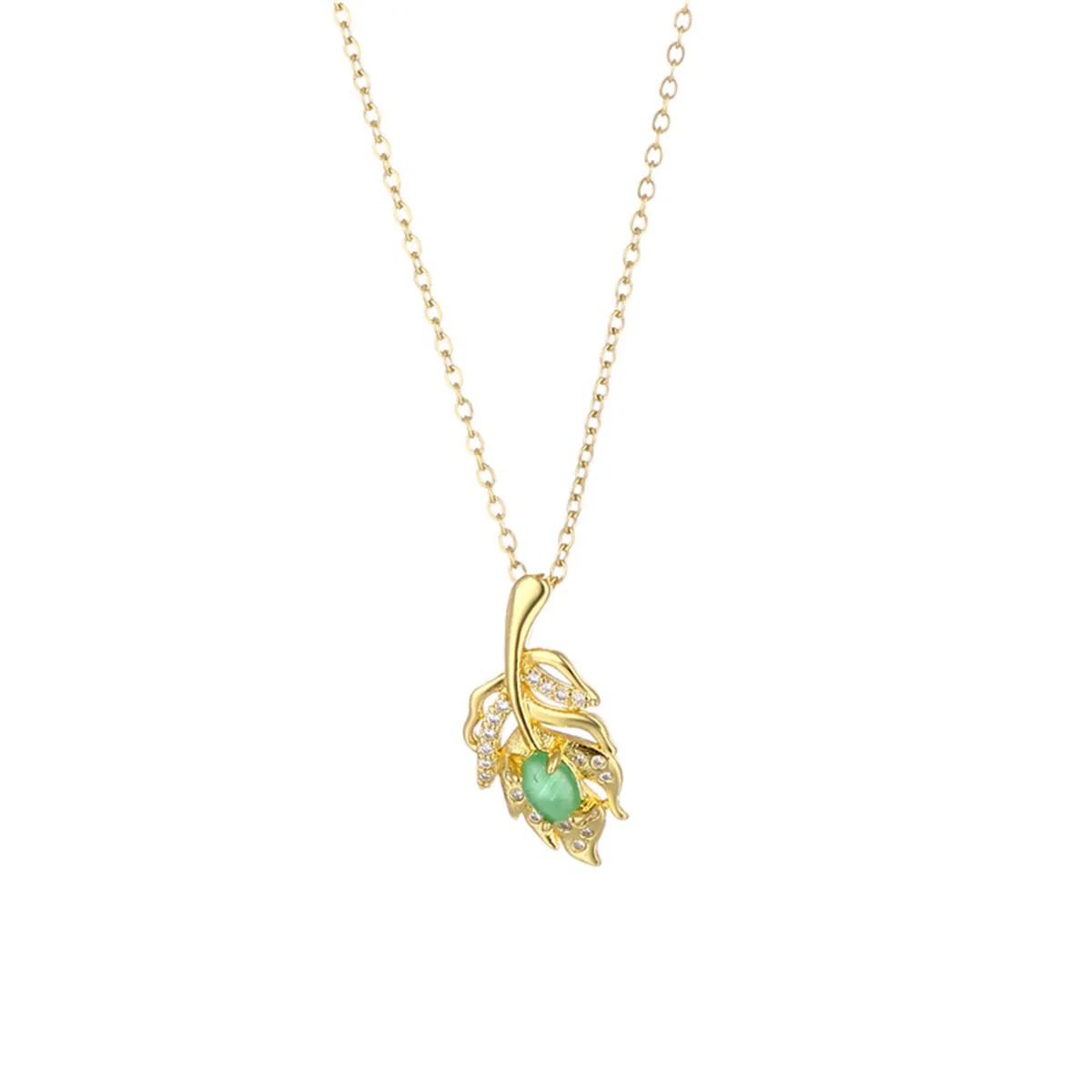 Green Jade & Cubic Zirconia Leaf Pendant Necklace