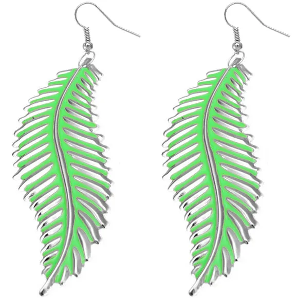 Green Long Curvy Leaf Earrings