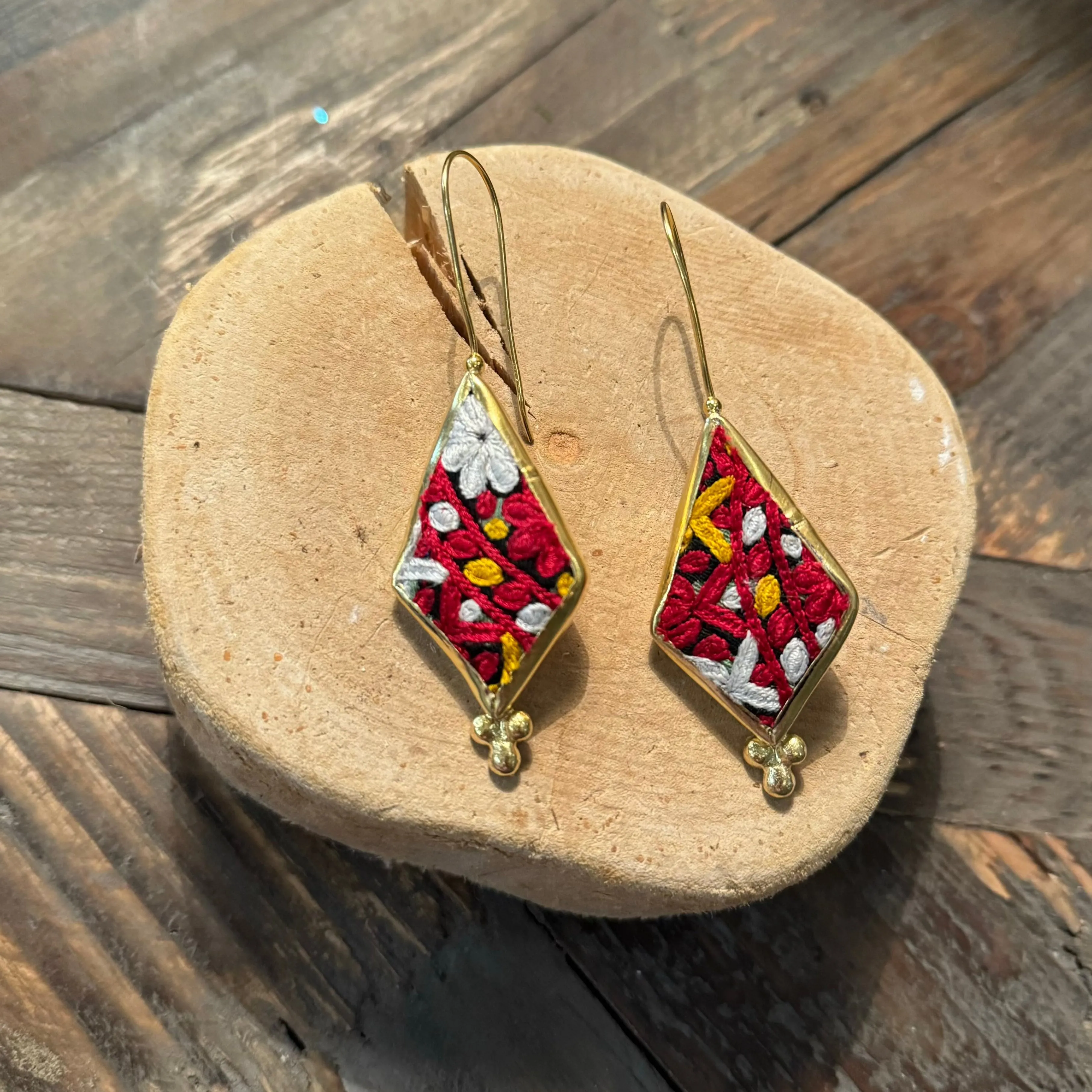 Hand Crafted Ottoman Vintage Textile Earrings - Coffin Diamond