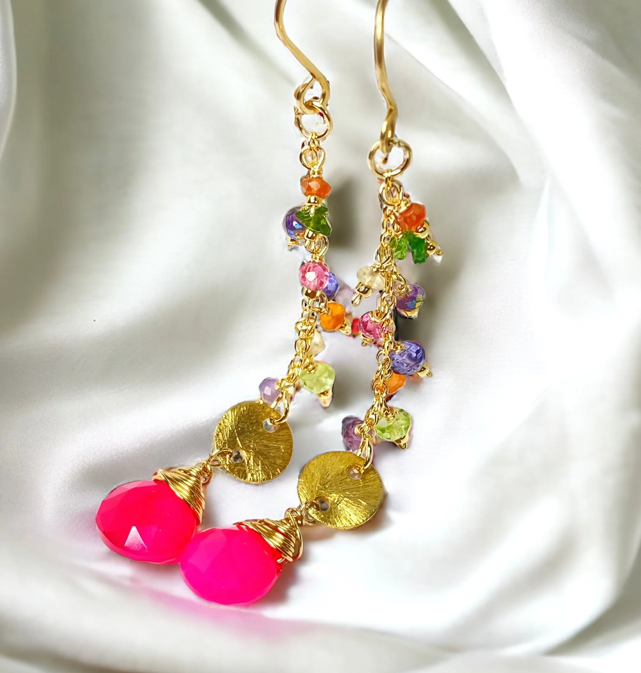 Hot Pink Chalcedony Long Gemstone Dangle Earrings Gold Fill