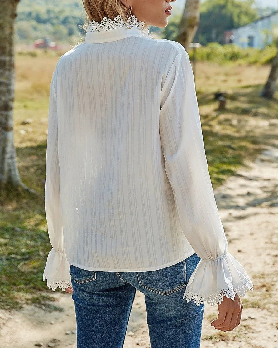 In the Breeze Hollow Lace Stitching Trumpet Shirt - White