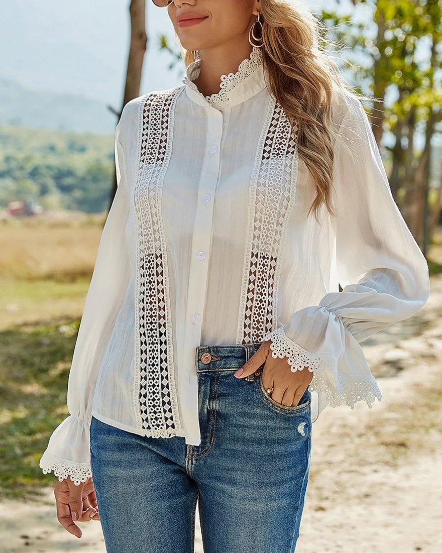 In the Breeze Hollow Lace Stitching Trumpet Shirt - White