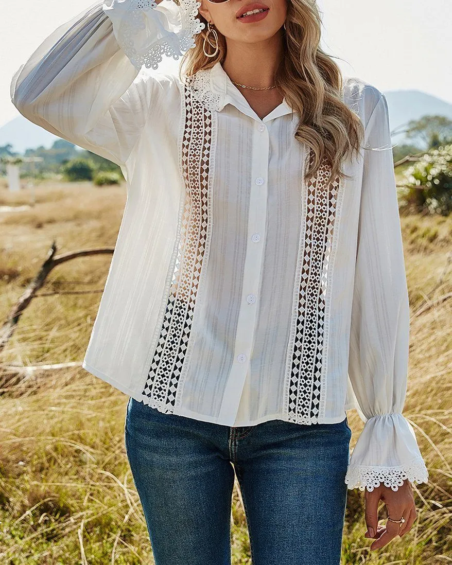 In the Breeze Hollow Lace Stitching Trumpet Shirt - White