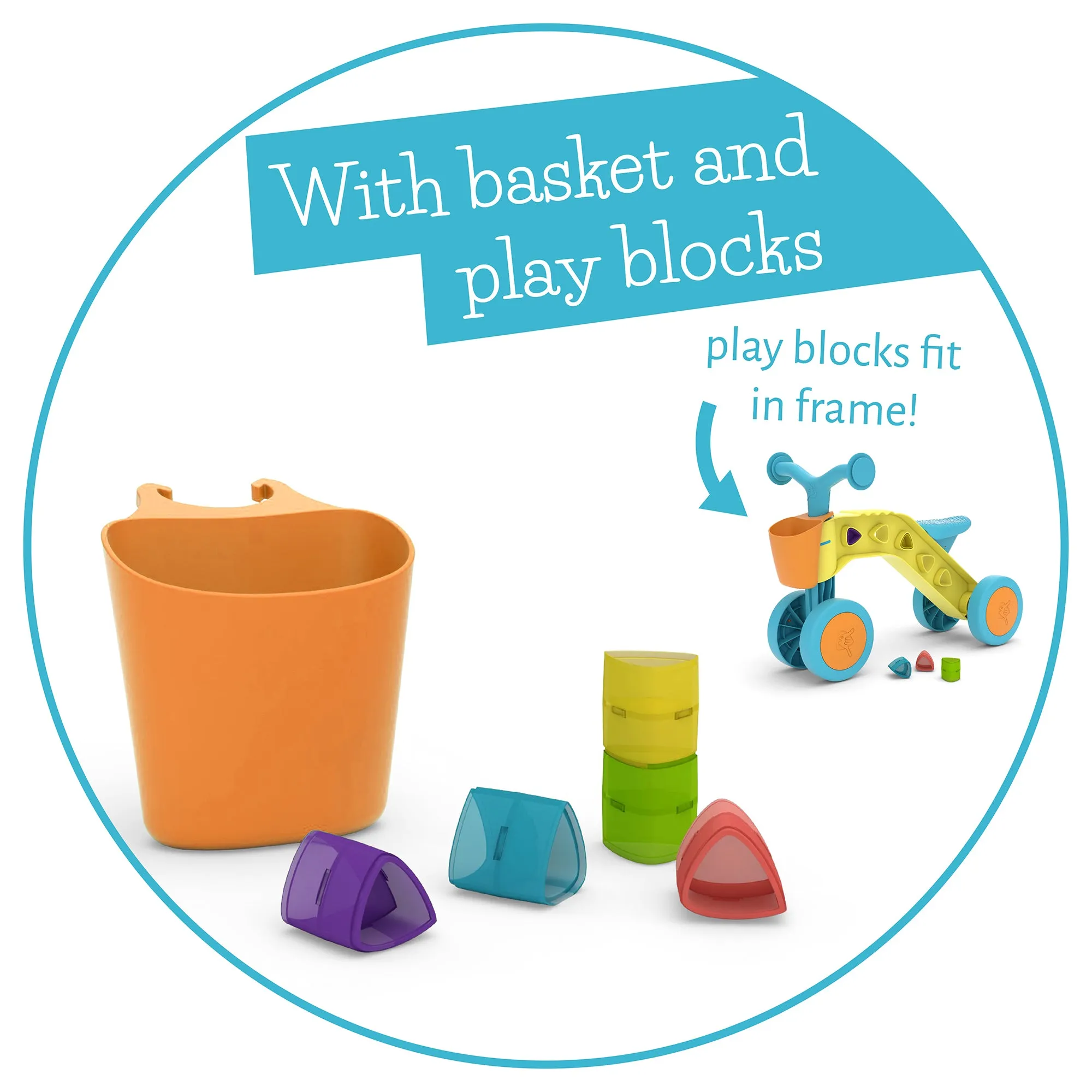 ItsiBitsi Blocks ride-on with storage basket and play blocks that fit in frame
