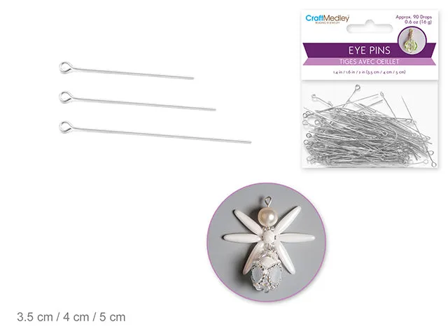 Jewelry Findings: 3.5cm/4cm/5cm Eye Pins w/Loop x90 Drops - Silver