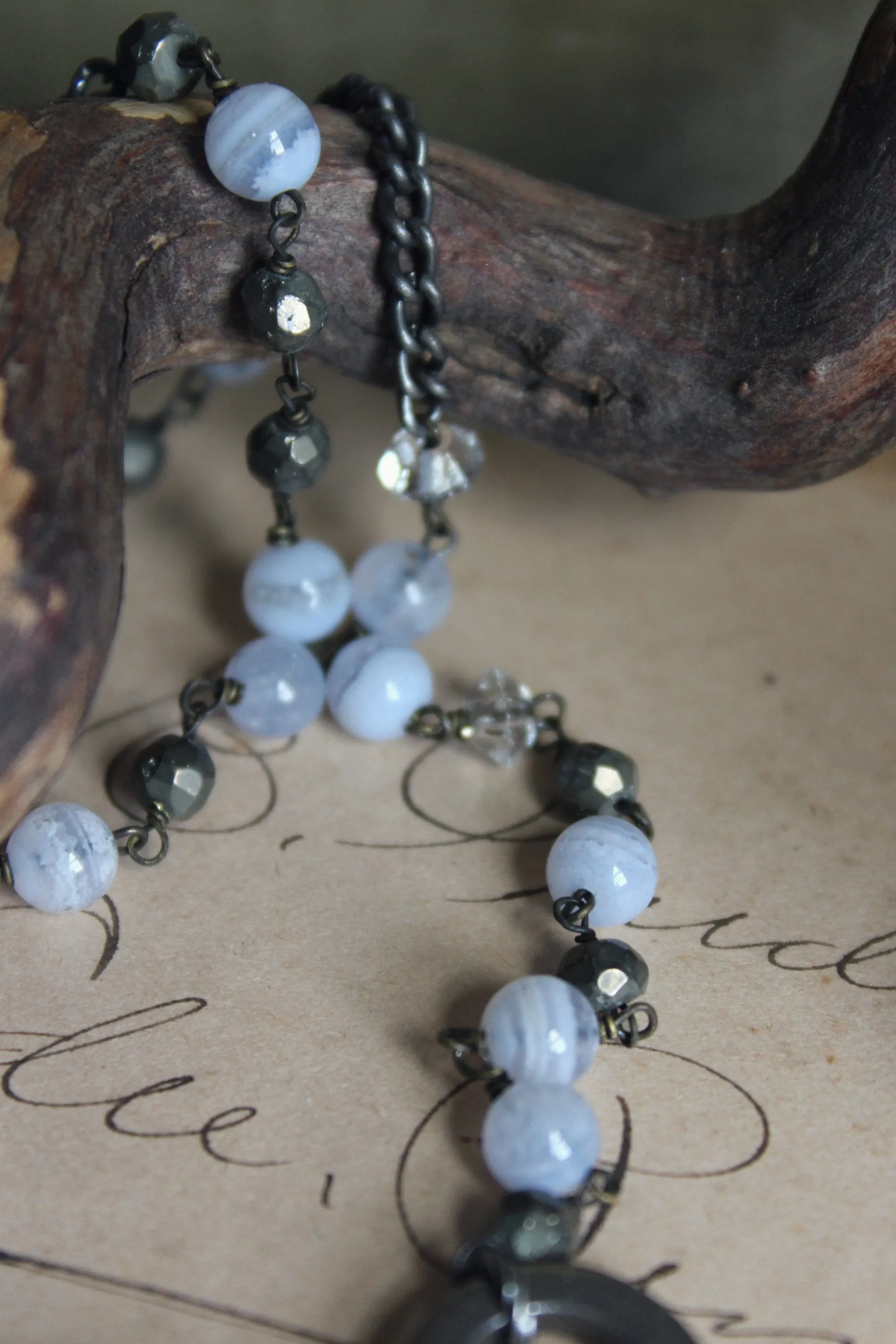 Kedge Cottage. Storyteller Series. Rustic Beach Seashell, Skeleton Key and Gemstone Necklace.