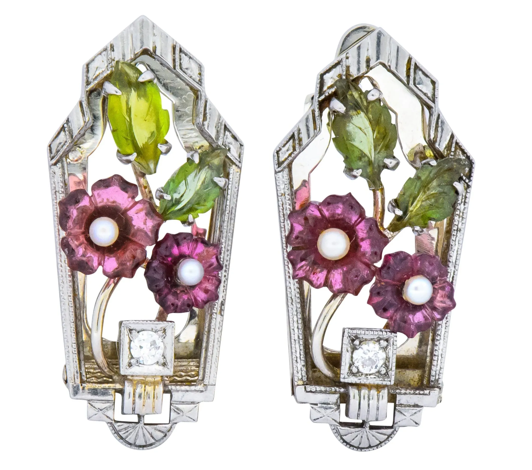 Krementz Art Nouveau Diamond Garnet Tourmaline Pearl 14 Karat White Gold Clip Pins