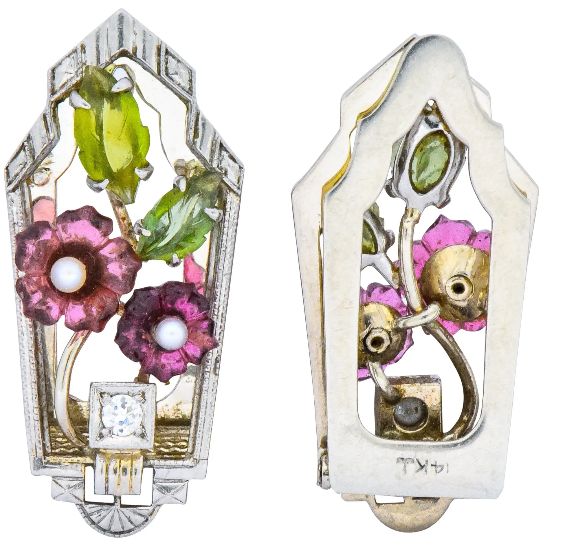 Krementz Art Nouveau Diamond Garnet Tourmaline Pearl 14 Karat White Gold Clip Pins