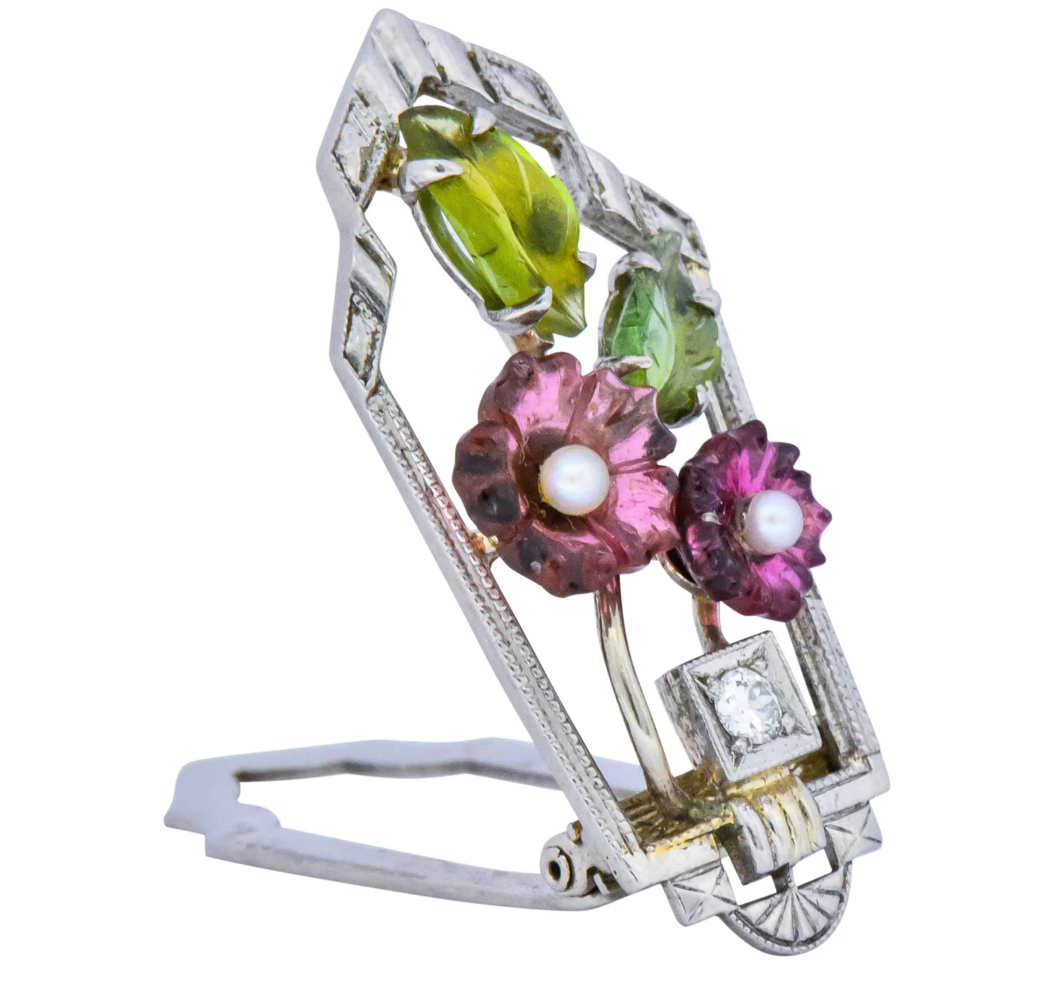 Krementz Art Nouveau Diamond Garnet Tourmaline Pearl 14 Karat White Gold Clip Pins