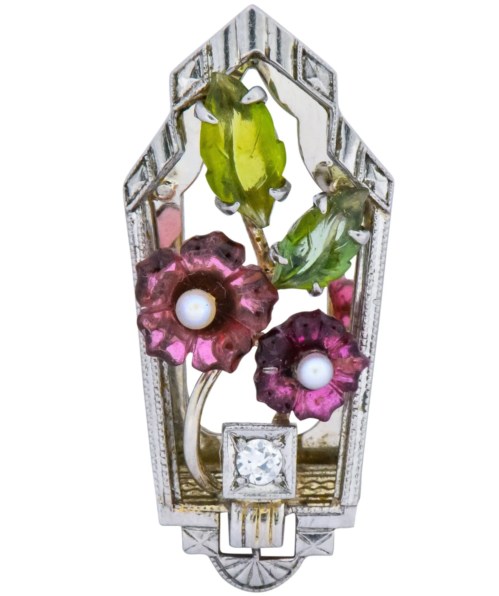 Krementz Art Nouveau Diamond Garnet Tourmaline Pearl 14 Karat White Gold Clip Pins