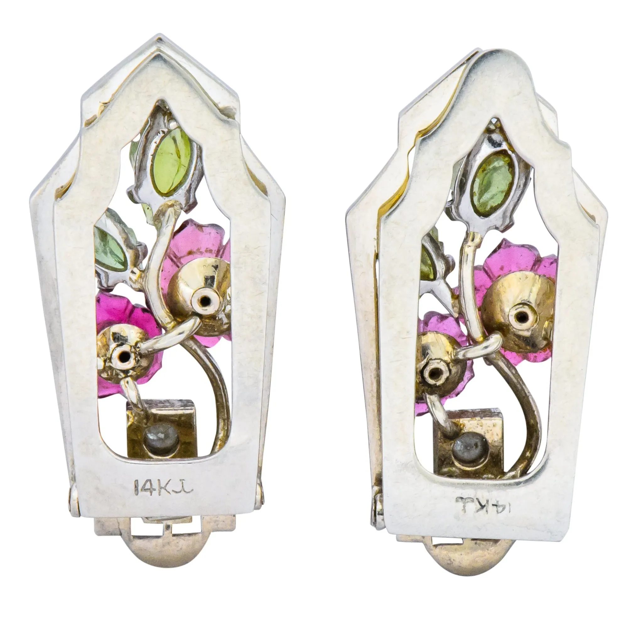 Krementz Art Nouveau Diamond Garnet Tourmaline Pearl 14 Karat White Gold Clip Pins