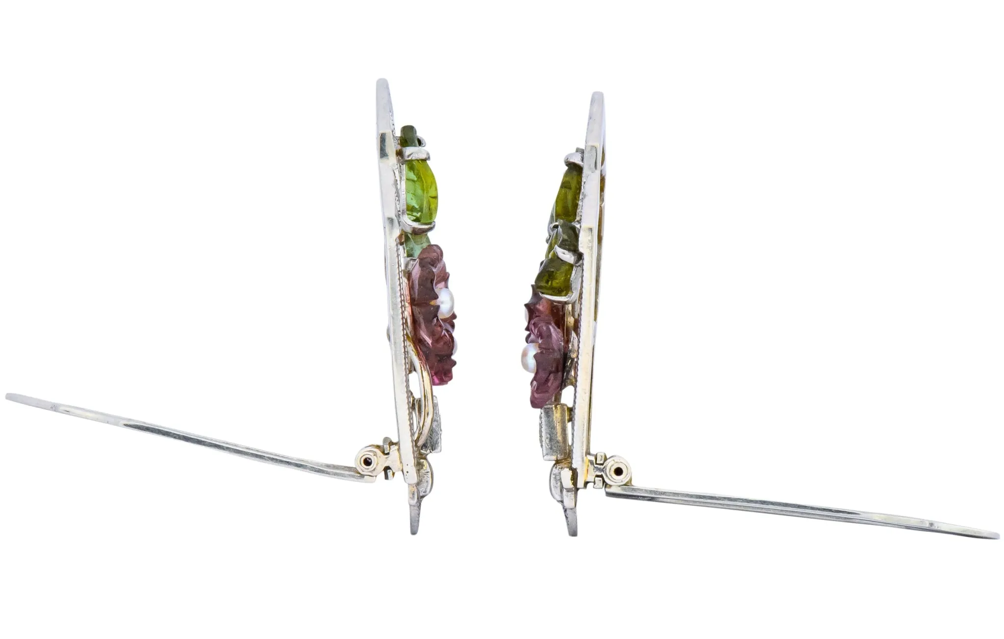Krementz Art Nouveau Diamond Garnet Tourmaline Pearl 14 Karat White Gold Clip Pins