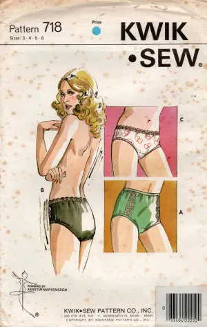 Kwik Sew 718 Womens Full Brief Panties 1970s Vintage Sewing Pattern Waist 22 - 27 inches UNCUT Factory Folded