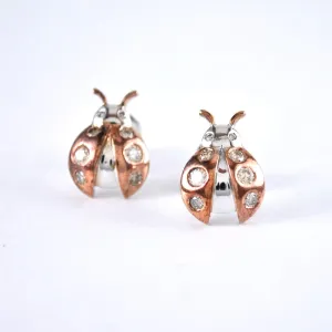 Ladybug Earrings in Sterling Silver, Natural Diamonds Insect Nature Jewelry