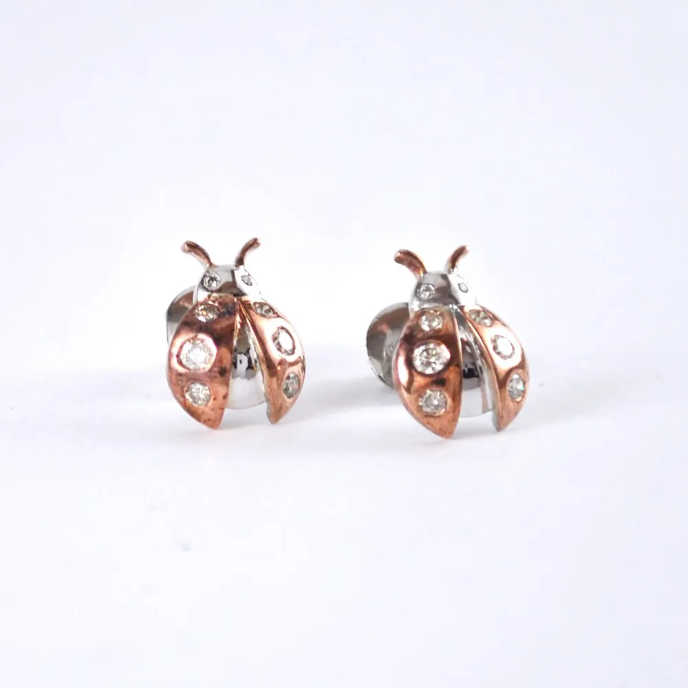Ladybug Earrings in Sterling Silver, Natural Diamonds Insect Nature Jewelry