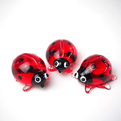 Ladybug Figurine Red & Orange Cute Ladybird Blown Glass Insect Terrarium Gift Garden Decor Set of 3