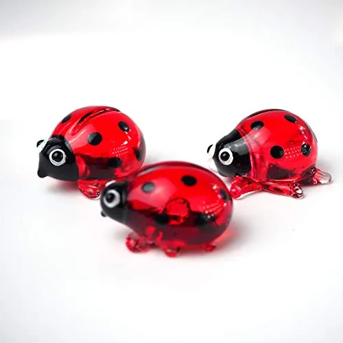 Ladybug Figurine Red & Orange Cute Ladybird Blown Glass Insect Terrarium Gift Garden Decor Set of 3