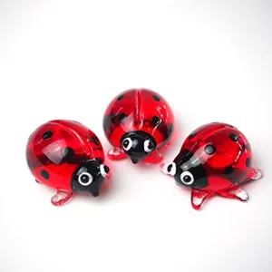 Ladybug Figurine Red & Orange Cute Ladybird Blown Glass Insect Terrarium Gift Garden Decor Set of 3