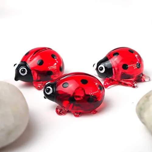 Ladybug Figurine Red & Orange Cute Ladybird Blown Glass Insect Terrarium Gift Garden Decor Set of 3