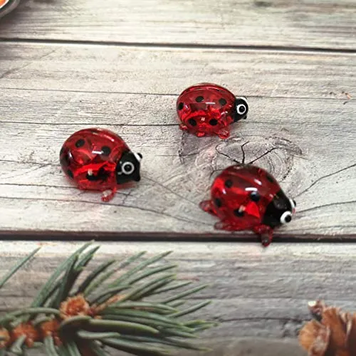 Ladybug Figurine Red & Orange Cute Ladybird Blown Glass Insect Terrarium Gift Garden Decor Set of 3
