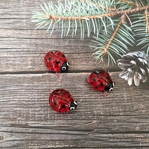 Ladybug Figurine Red & Orange Cute Ladybird Blown Glass Insect Terrarium Gift Garden Decor Set of 3