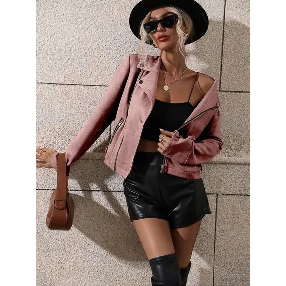 Lapel collar Zip Up moto Jacket vegan suede black