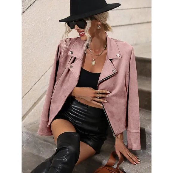 Lapel collar Zip Up moto Jacket vegan suede black