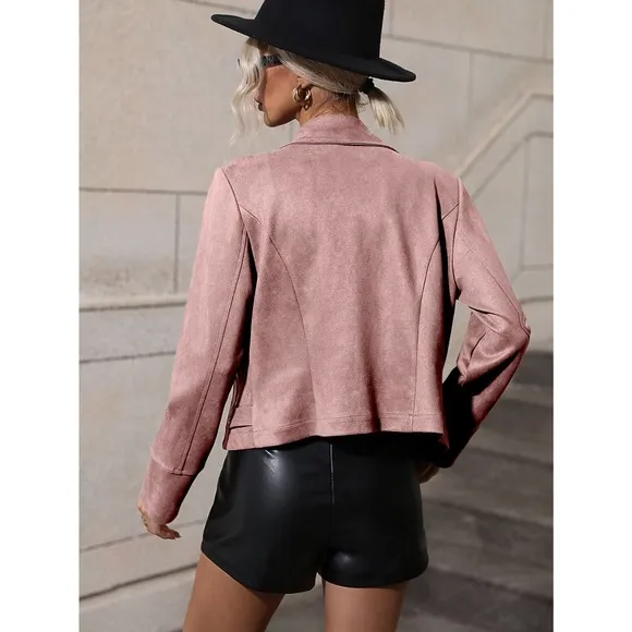 Lapel collar Zip Up moto Jacket vegan suede black