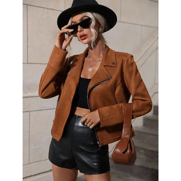 Lapel collar Zip Up moto Jacket vegan suede black