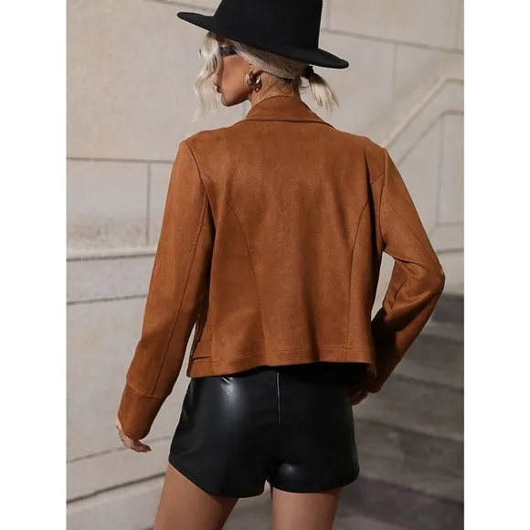 Lapel collar Zip Up moto Jacket vegan suede black