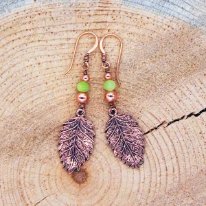 Leaf Earrings with Seafoam Green Jade in Copper or Silver