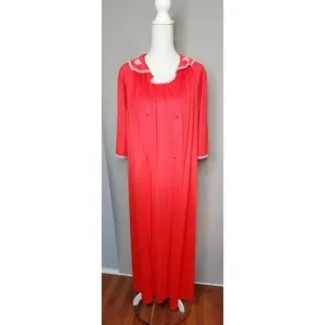 Lorraine Vintage Red Pink Lace Trimmed Nylon Nightgown/Robe Peignoir 2 PC Set S