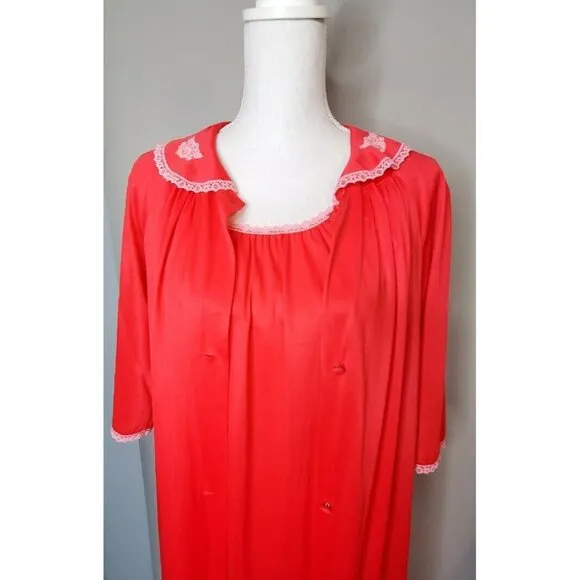 Lorraine Vintage Red Pink Lace Trimmed Nylon Nightgown/Robe Peignoir 2 PC Set S